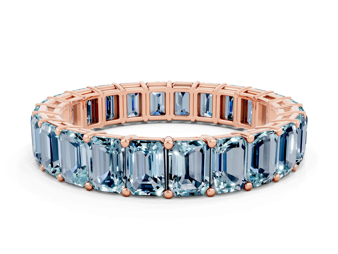 Rose gold Emerald Cut Aquamarine Eternity Band with Shared Prong Setting_6