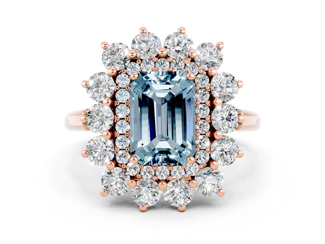 Rose gold Emerald Cut Aquamarine Floral Double Halo Engagement Ring with Prong Setting_60