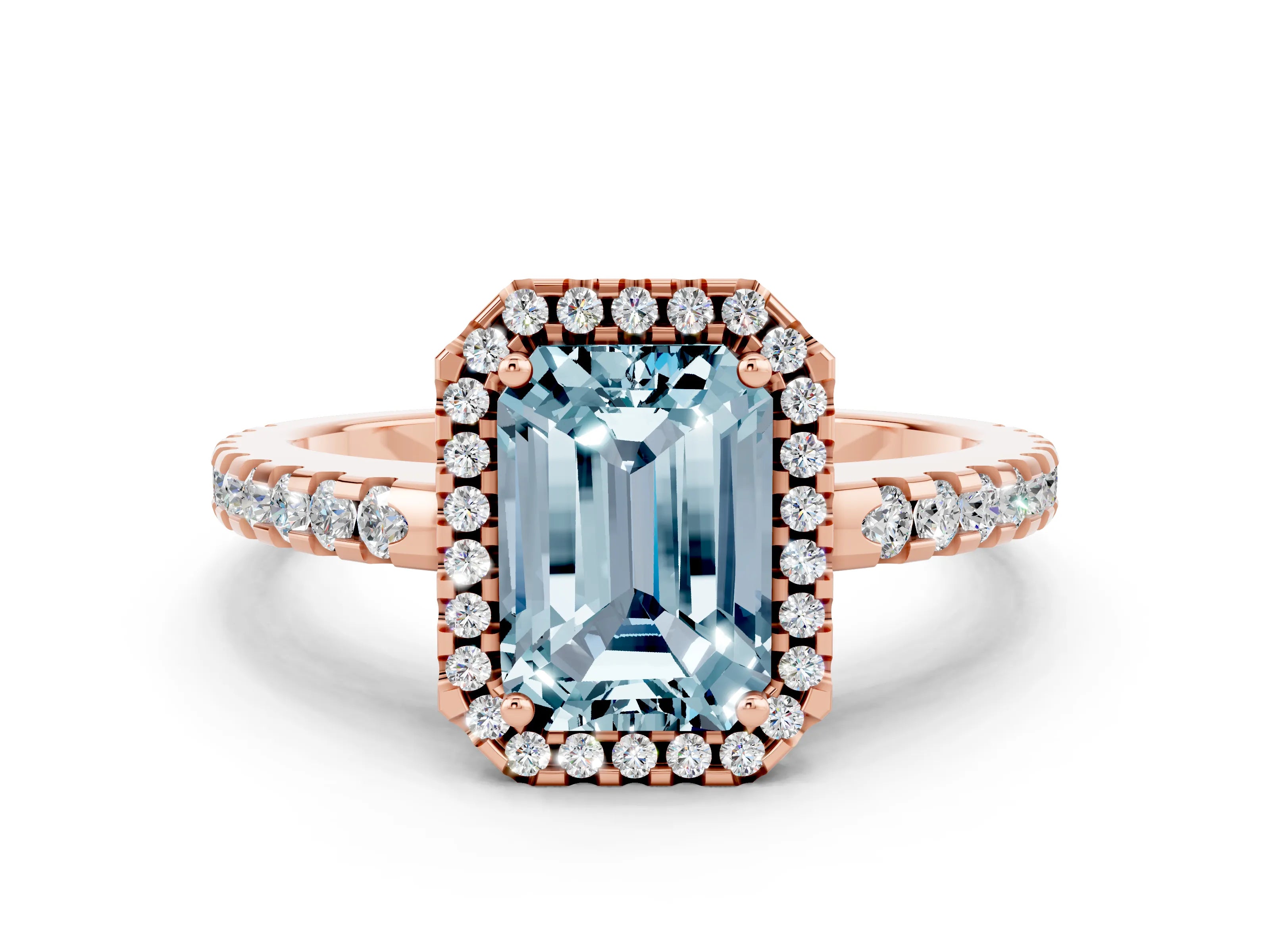 Rose gold Emerald Cut Aquamarine Halo Engagement Ring with Pavé Band and Prong Setting_12