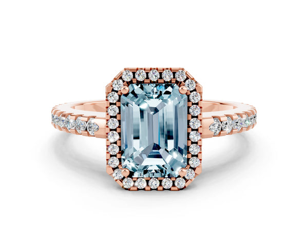 Rose gold Emerald Cut Aquamarine Halo Engagement Ring with Pavé Band and Prong Setting