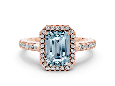 Rose gold Emerald Cut Aquamarine Halo Engagement Ring with Pavé Band and Prong Setting_12