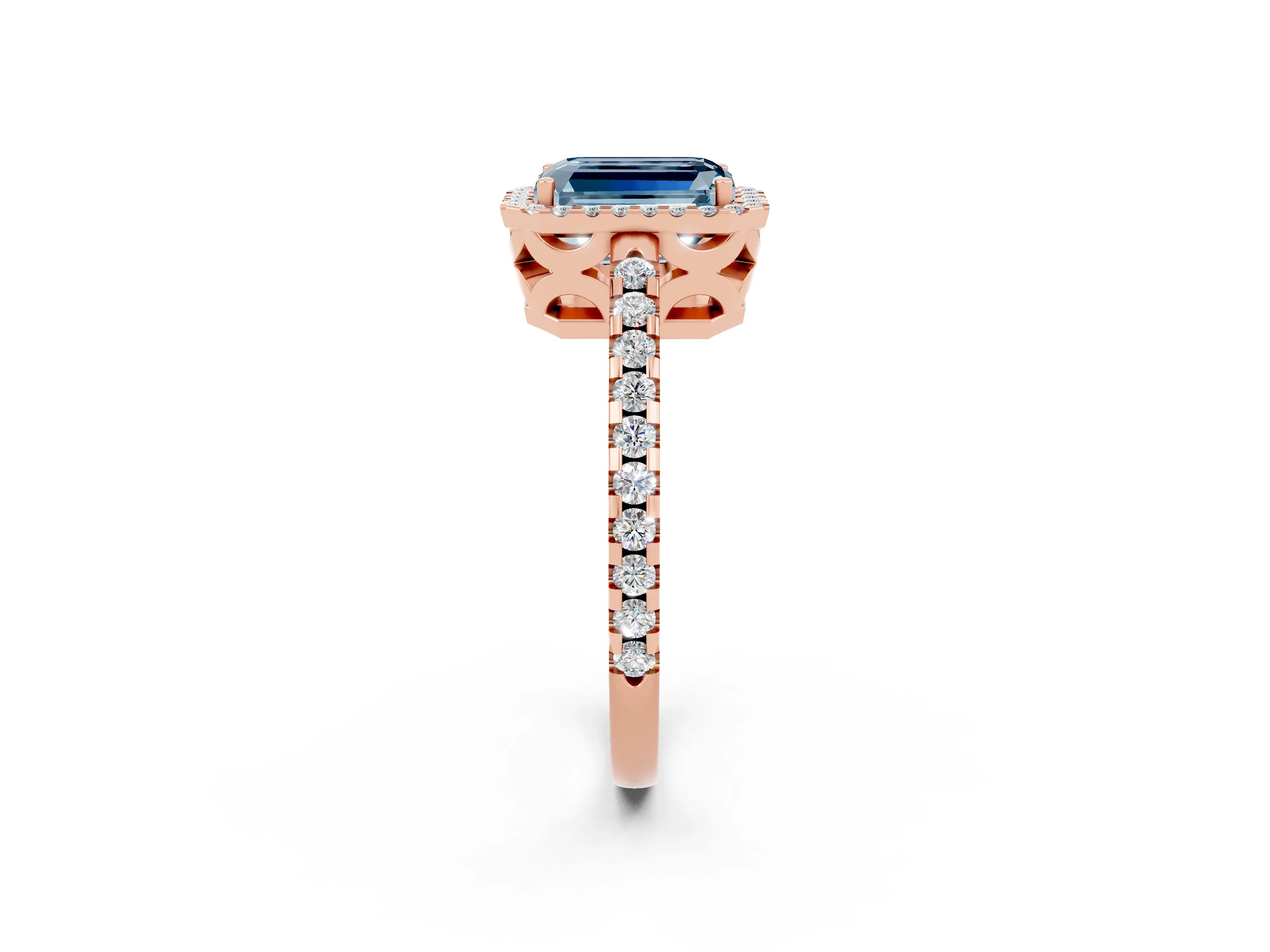 Rose gold Emerald Cut Aquamarine Halo Engagement Ring with Pavé Band and Prong Setting_14