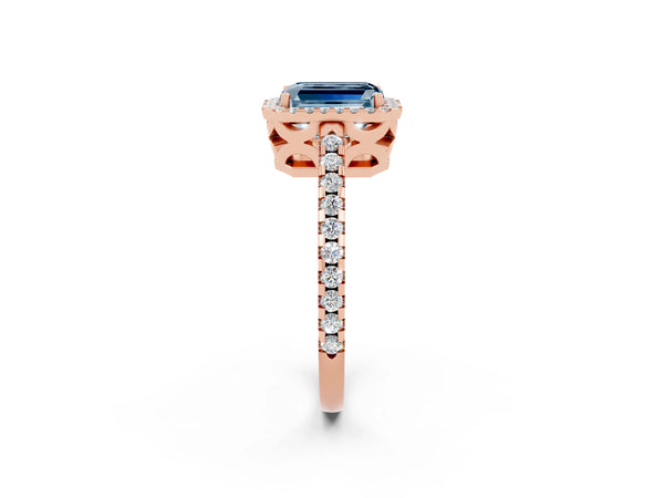 Rose gold Emerald Cut Aquamarine Halo Engagement Ring with Pavé Band and Prong Setting