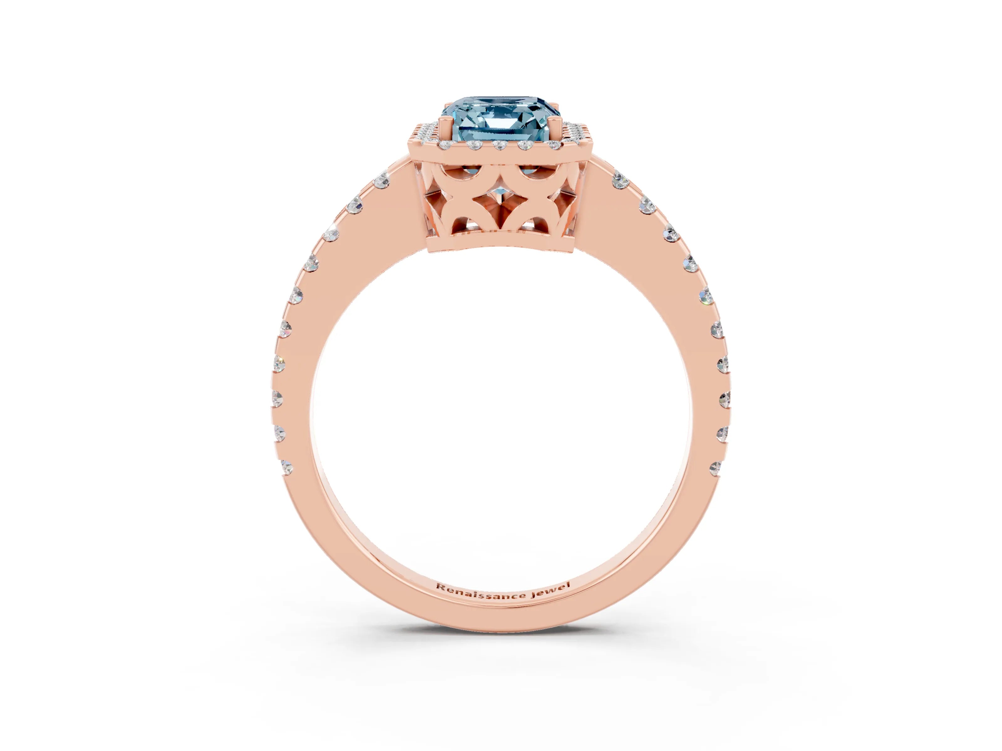 Rose gold Emerald Cut Aquamarine Halo Engagement Ring with Pavé Band and Prong Setting_15