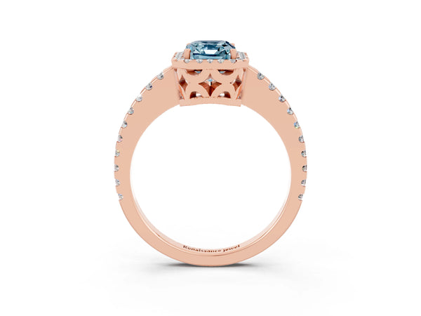 Rose gold Emerald Cut Aquamarine Halo Engagement Ring with Pavé Band and Prong Setting