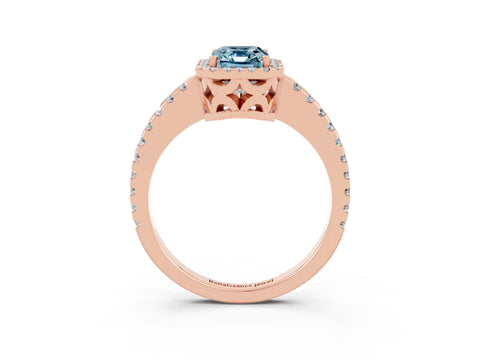 Rose gold Emerald Cut Aquamarine Halo Engagement Ring with Pavé Band and Prong Setting_15