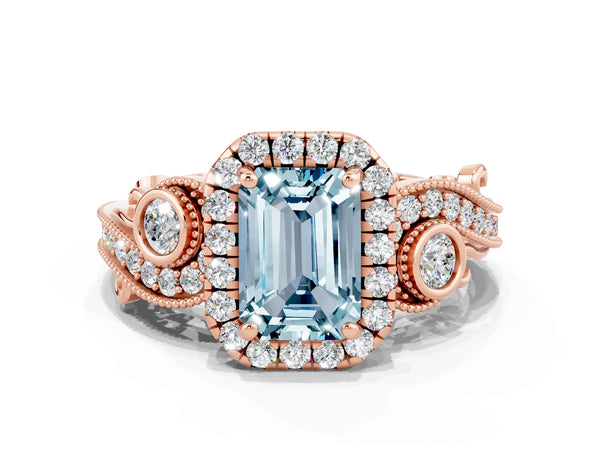 Rose gold Emerald Cut Aquamarine Halo Ring with Milgrain Pavé Band and Four-Prong Setting