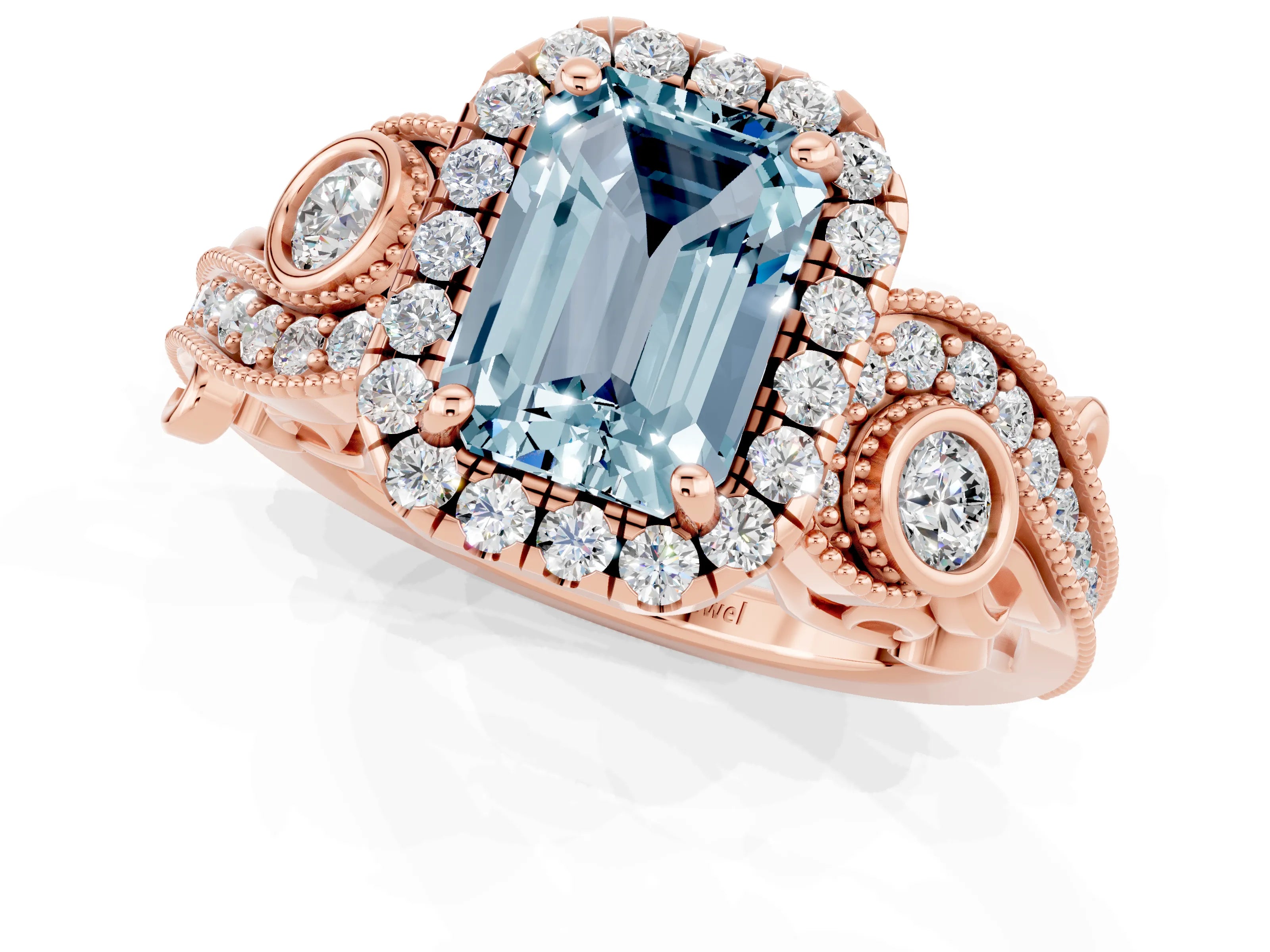 Rose gold Emerald Cut Aquamarine Halo Ring with Milgrain Pavé Band and Four-Prong Setting_13