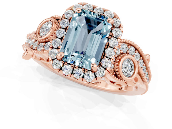 Rose gold Emerald Cut Aquamarine Halo Ring with Milgrain Pavé Band and Four-Prong Setting