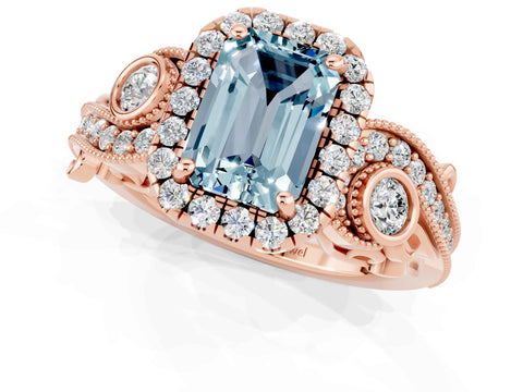 Rose gold Emerald Cut Aquamarine Halo Ring with Milgrain Pavé Band and Four-Prong Setting_13