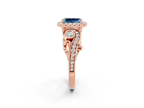 Rose gold Emerald Cut Aquamarine Halo Ring with Milgrain Pavé Band and Four-Prong Setting_14