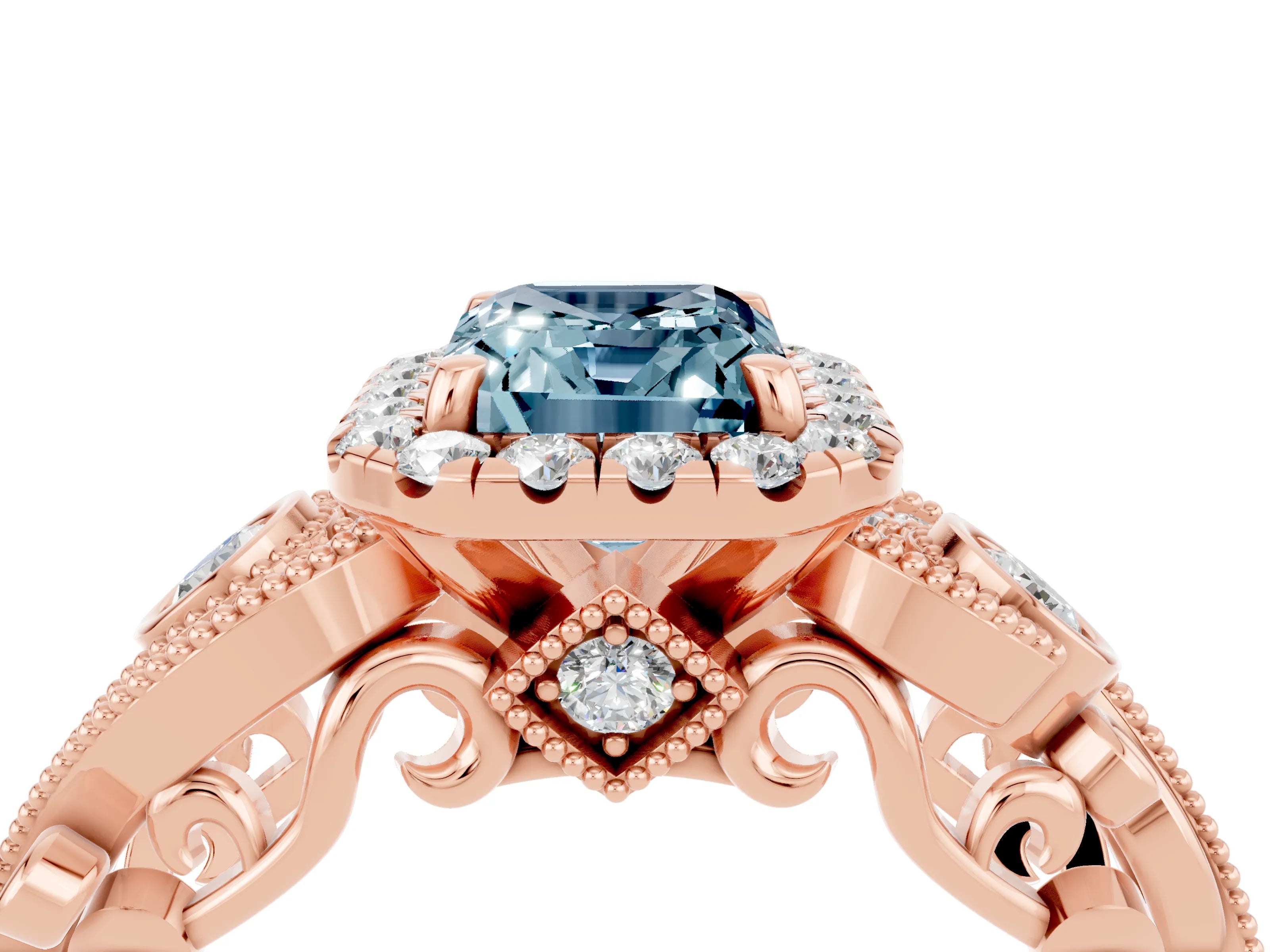 Rose gold Emerald Cut Aquamarine Halo Ring with Milgrain Pavé Band and Four-Prong Setting_16