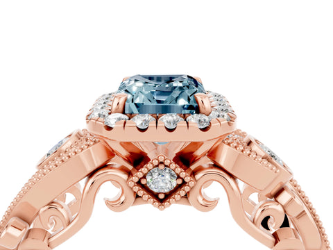 Rose gold Emerald Cut Aquamarine Halo Ring with Milgrain Pavé Band and Four-Prong Setting_16