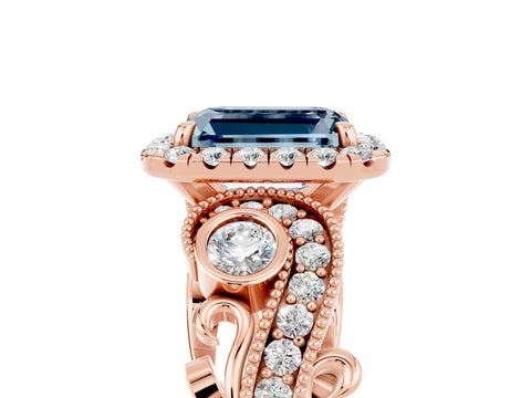 Rose gold Emerald Cut Aquamarine Halo Ring with Milgrain Pavé Band and Four-Prong Setting_17