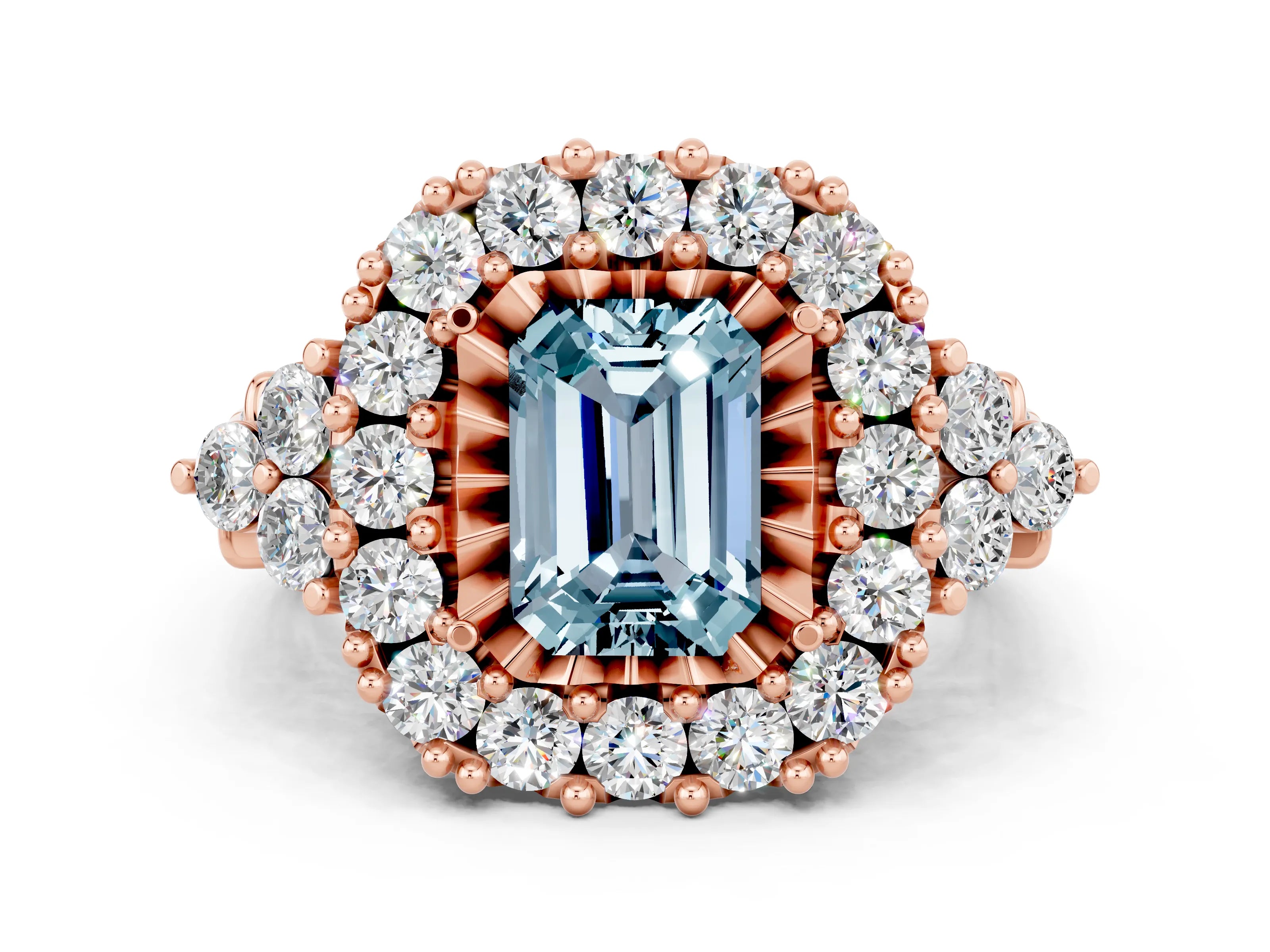 Rose gold Emerald Cut Aquamarine Halo Ring with Pavé Band and Four-Prong Setting_12