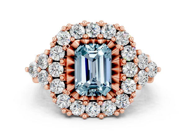 Rose gold Emerald Cut Aquamarine Halo Ring with Pavé Band and Four-Prong Setting