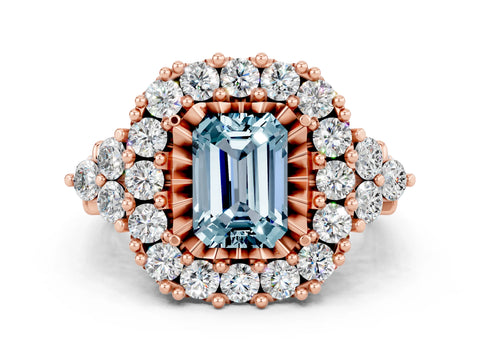 Rose gold Emerald Cut Aquamarine Halo Ring with Pavé Band and Four-Prong Setting_12