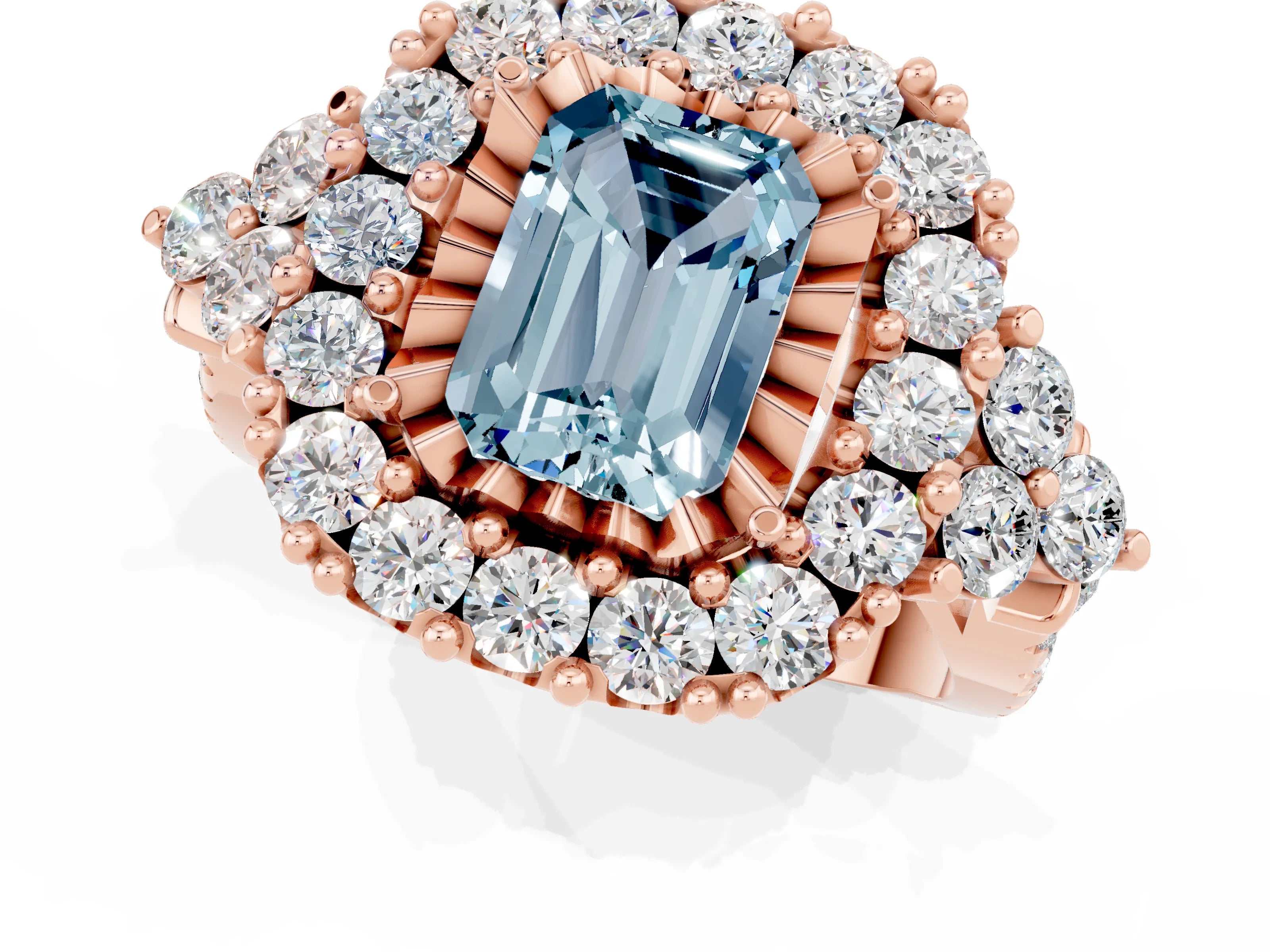 Rose gold Emerald Cut Aquamarine Halo Ring with Pavé Band and Four-Prong Setting_13