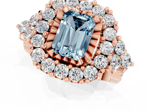 Rose gold Emerald Cut Aquamarine Halo Ring with Pavé Band and Four-Prong Setting_13