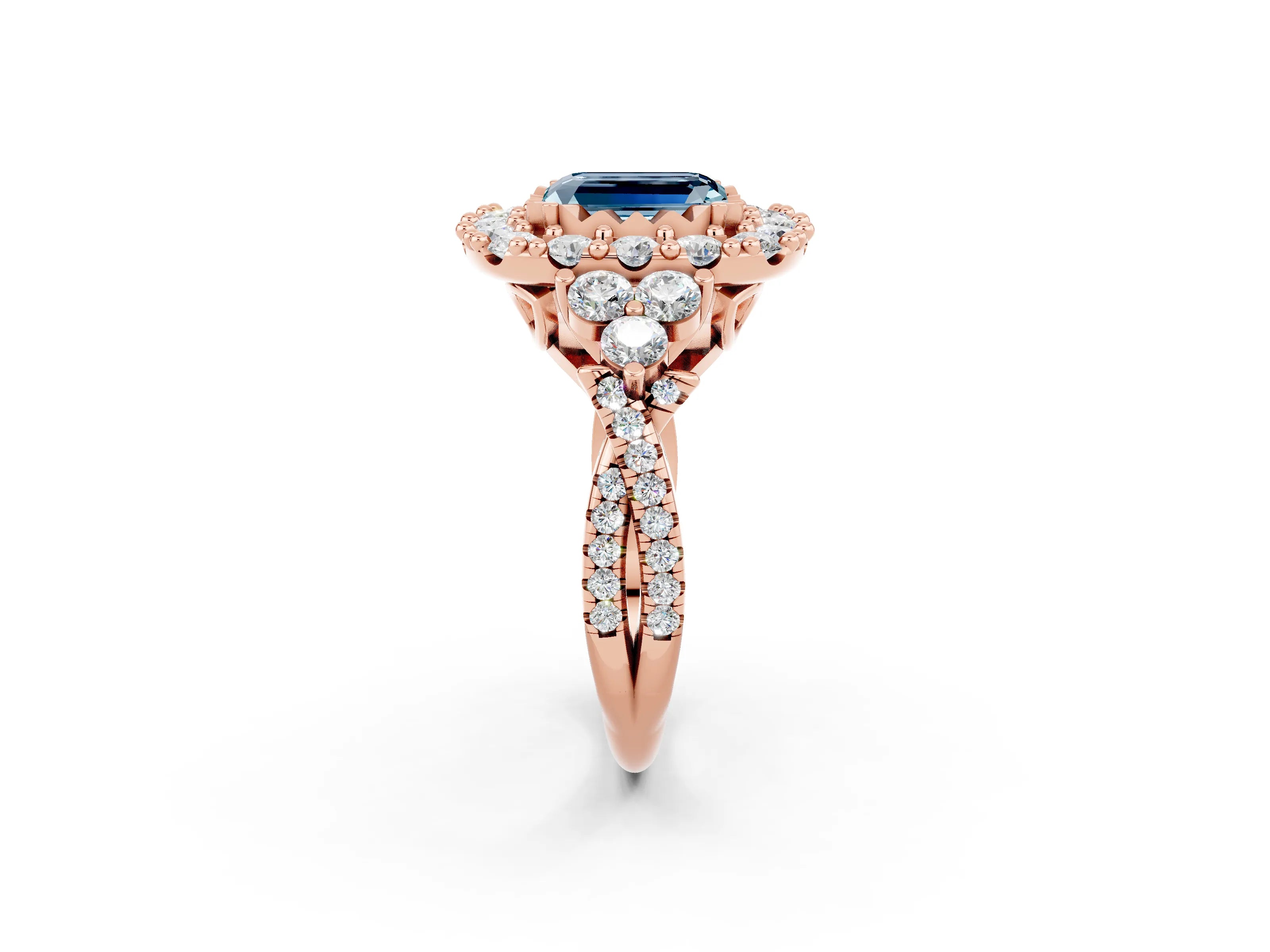 Rose gold Emerald Cut Aquamarine Halo Ring with Pavé Band and Four-Prong Setting_14