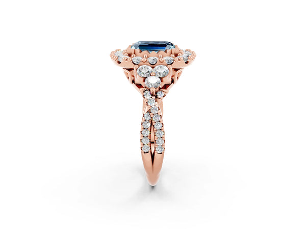 Rose gold Emerald Cut Aquamarine Halo Ring with Pavé Band and Four-Prong Setting
