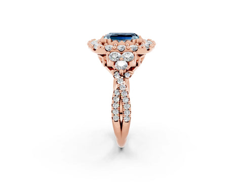 Rose gold Emerald Cut Aquamarine Halo Ring with Pavé Band and Four-Prong Setting_14