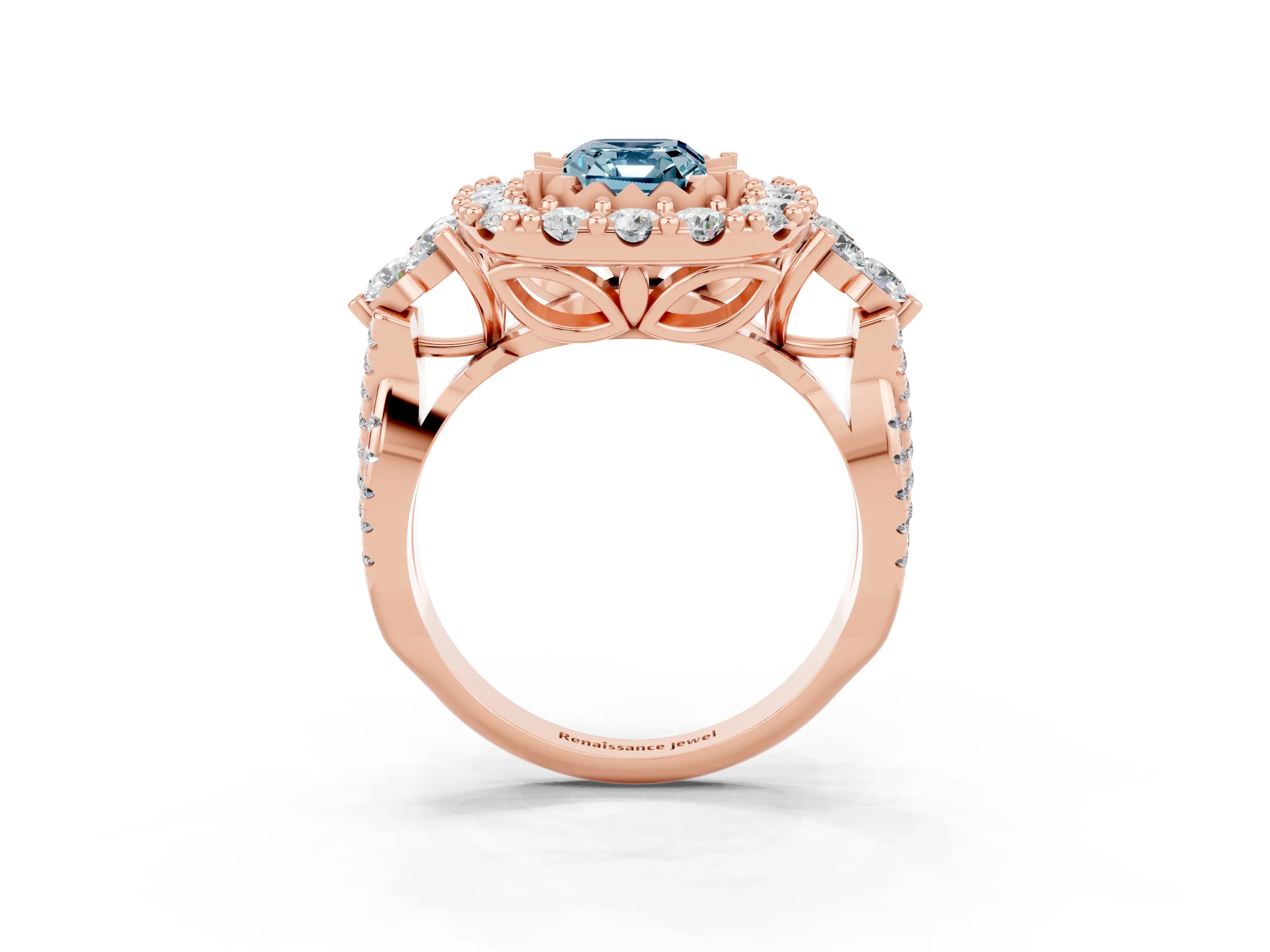 Rose gold Emerald Cut Aquamarine Halo Ring with Pavé Band and Four-Prong Setting_15