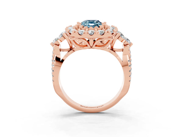 Rose gold Emerald Cut Aquamarine Halo Ring with Pavé Band and Four-Prong Setting
