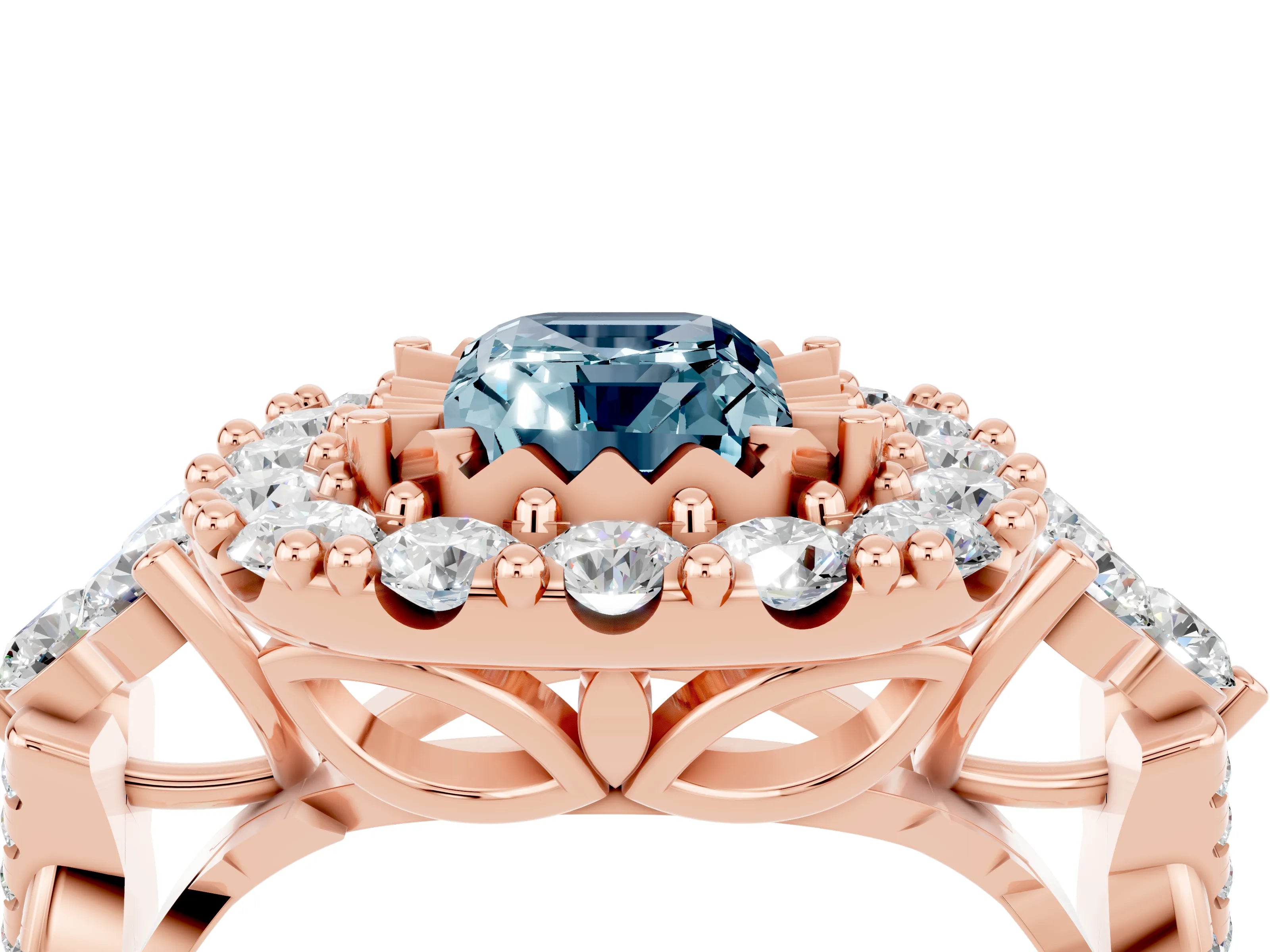Rose gold Emerald Cut Aquamarine Halo Ring with Pavé Band and Four-Prong Setting_16