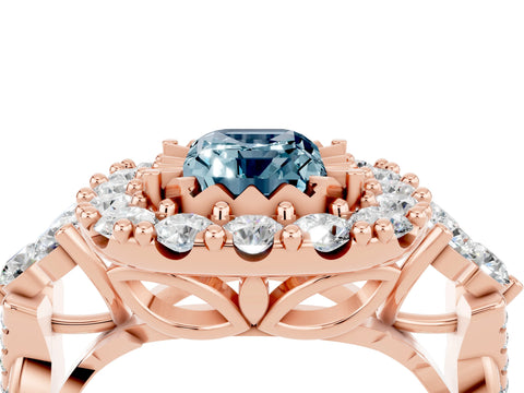 Rose gold Emerald Cut Aquamarine Halo Ring with Pavé Band and Four-Prong Setting_16