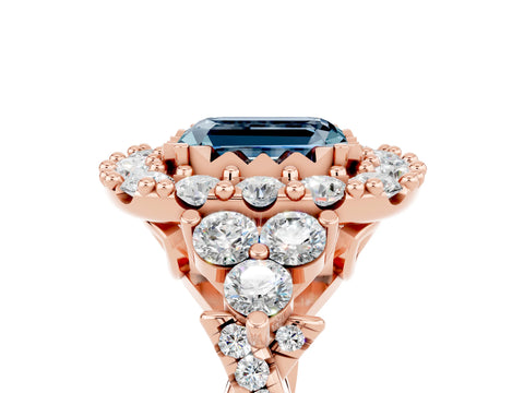 Rose gold Emerald Cut Aquamarine Halo Ring with Pavé Band and Four-Prong Setting_17