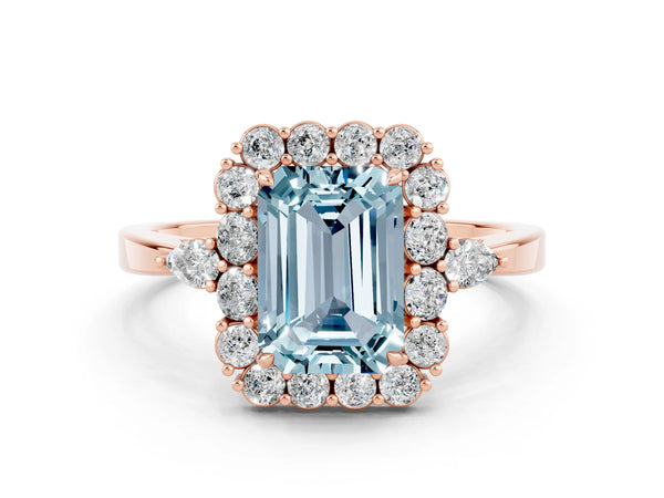 Rose gold Emerald Cut Aquamarine Halo Ring with Pear Side Stones and Prong Setting