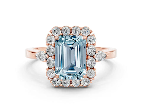 Rose gold Emerald Cut Aquamarine Halo Ring with Pear Side Stones and Prong Setting_12