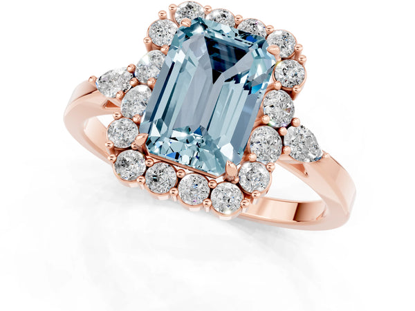 Rose gold Emerald Cut Aquamarine Halo Ring with Pear Side Stones and Prong Setting