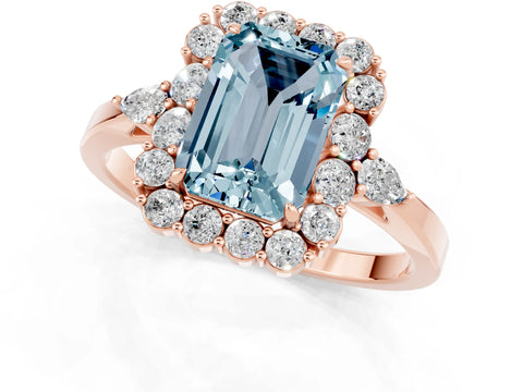 Rose gold Emerald Cut Aquamarine Halo Ring with Pear Side Stones and Prong Setting_13