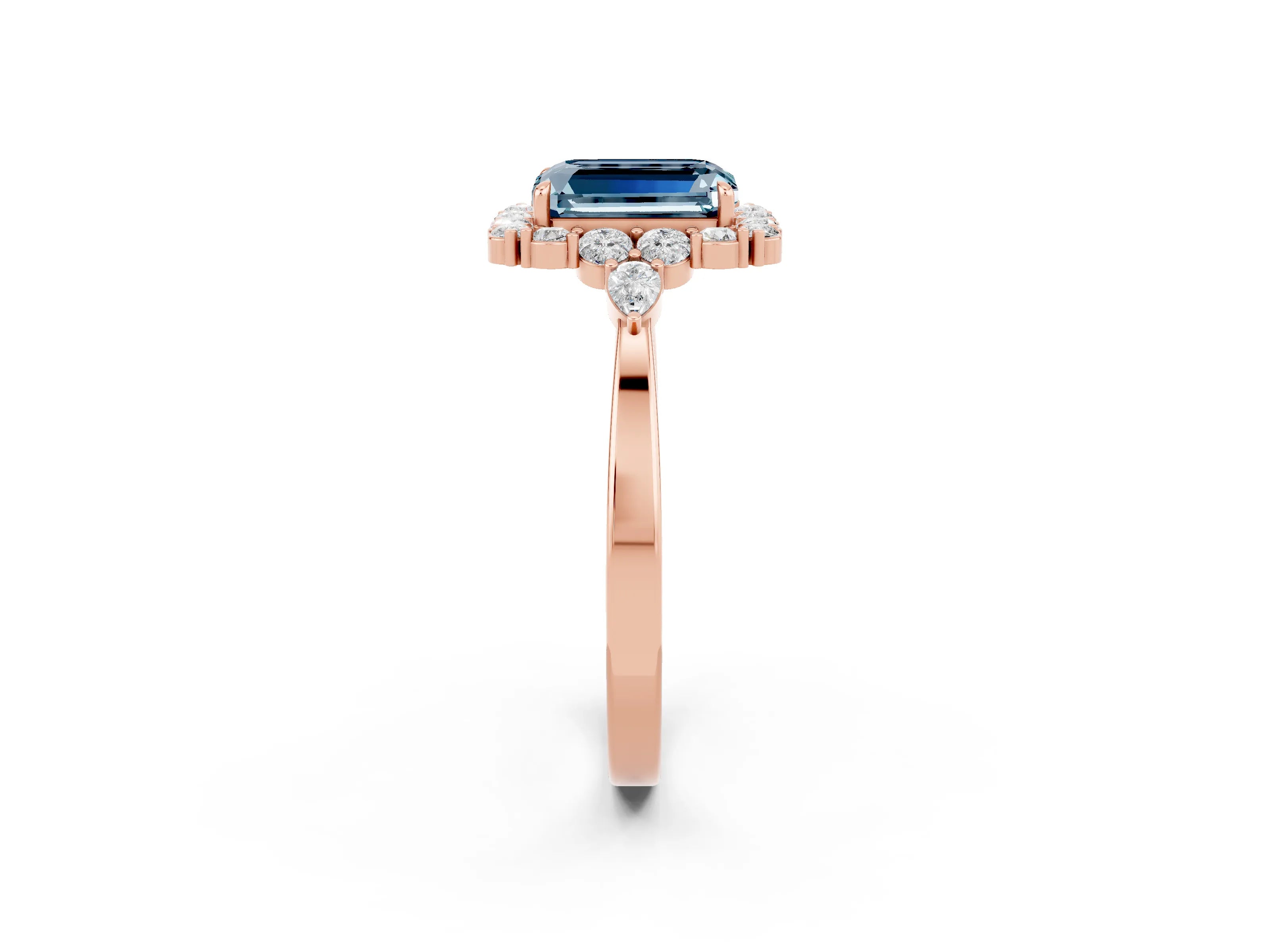 Rose gold Emerald Cut Aquamarine Halo Ring with Pear Side Stones and Prong Setting_14