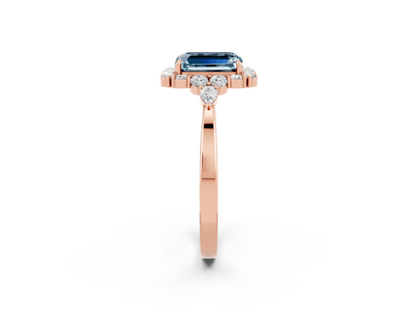 Rose gold Emerald Cut Aquamarine Halo Ring with Pear Side Stones and Prong Setting
