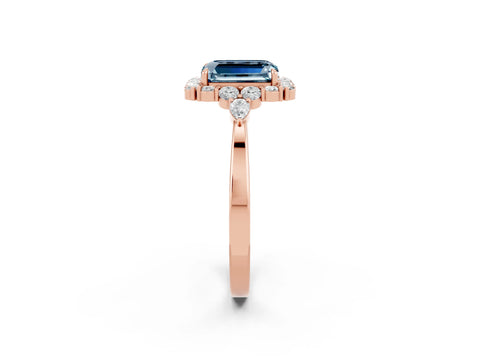 Rose gold Emerald Cut Aquamarine Halo Ring with Pear Side Stones and Prong Setting_14
