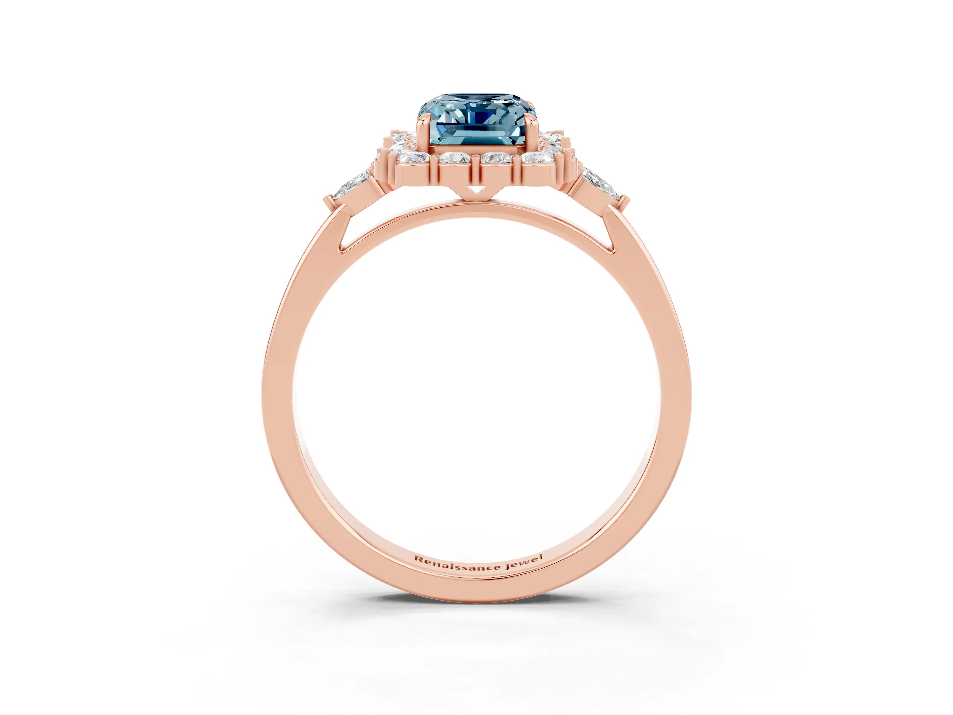 Rose gold Emerald Cut Aquamarine Halo Ring with Pear Side Stones and Prong Setting_15