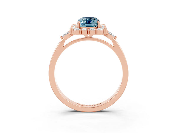 Rose gold Emerald Cut Aquamarine Halo Ring with Pear Side Stones and Prong Setting
