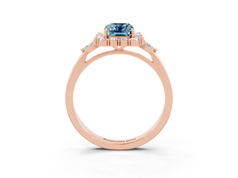 Rose gold Emerald Cut Aquamarine Halo Ring with Pear Side Stones and Prong Setting_15