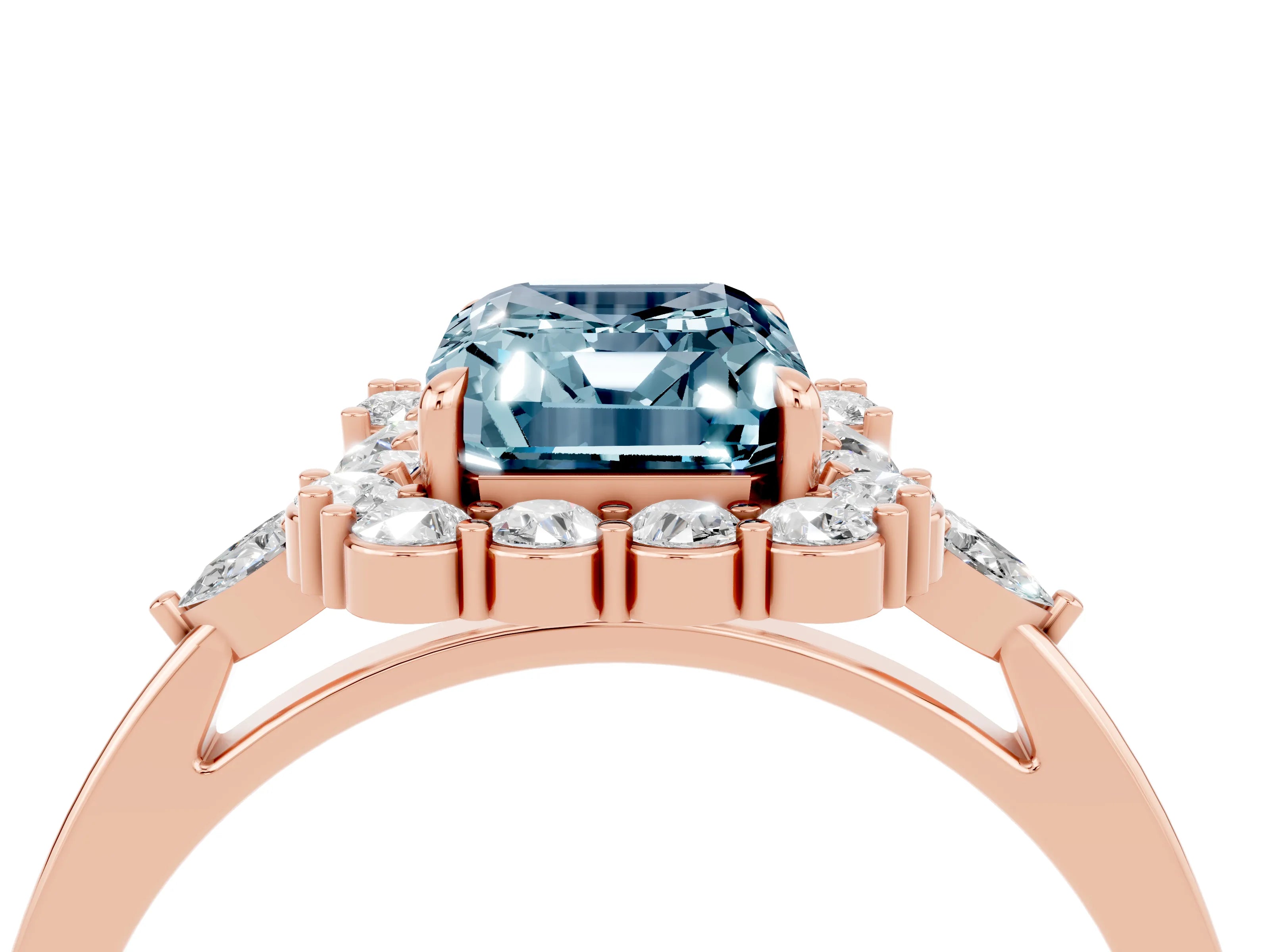 Rose gold Emerald Cut Aquamarine Halo Ring with Pear Side Stones and Prong Setting_16