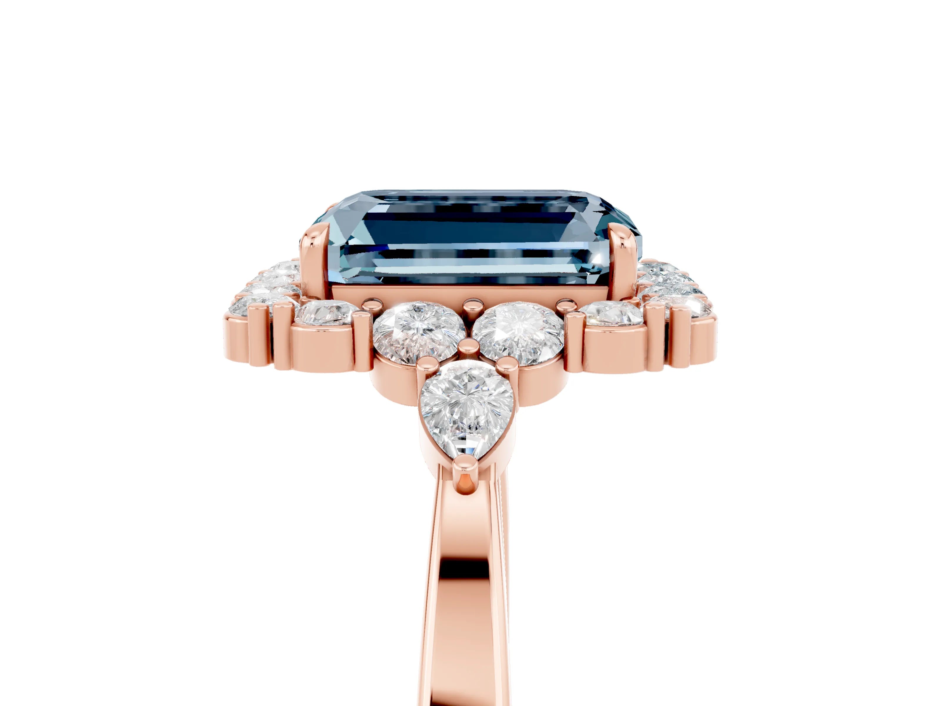 Rose gold Emerald Cut Aquamarine Halo Ring with Pear Side Stones and Prong Setting_17