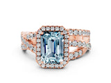 Rose gold Emerald Cut Aquamarine Halo Ring with Round Split Shank and Prong Setting_66