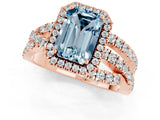 Rose gold Emerald Cut Aquamarine Halo Ring with Round Split Shank and Prong Setting_67
