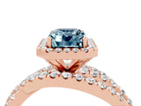 Rose gold Emerald Cut Aquamarine Halo Ring with Round Split Shank and Prong Setting_70