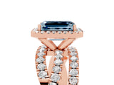 Rose gold Emerald Cut Aquamarine Halo Ring with Round Split Shank and Prong Setting_71