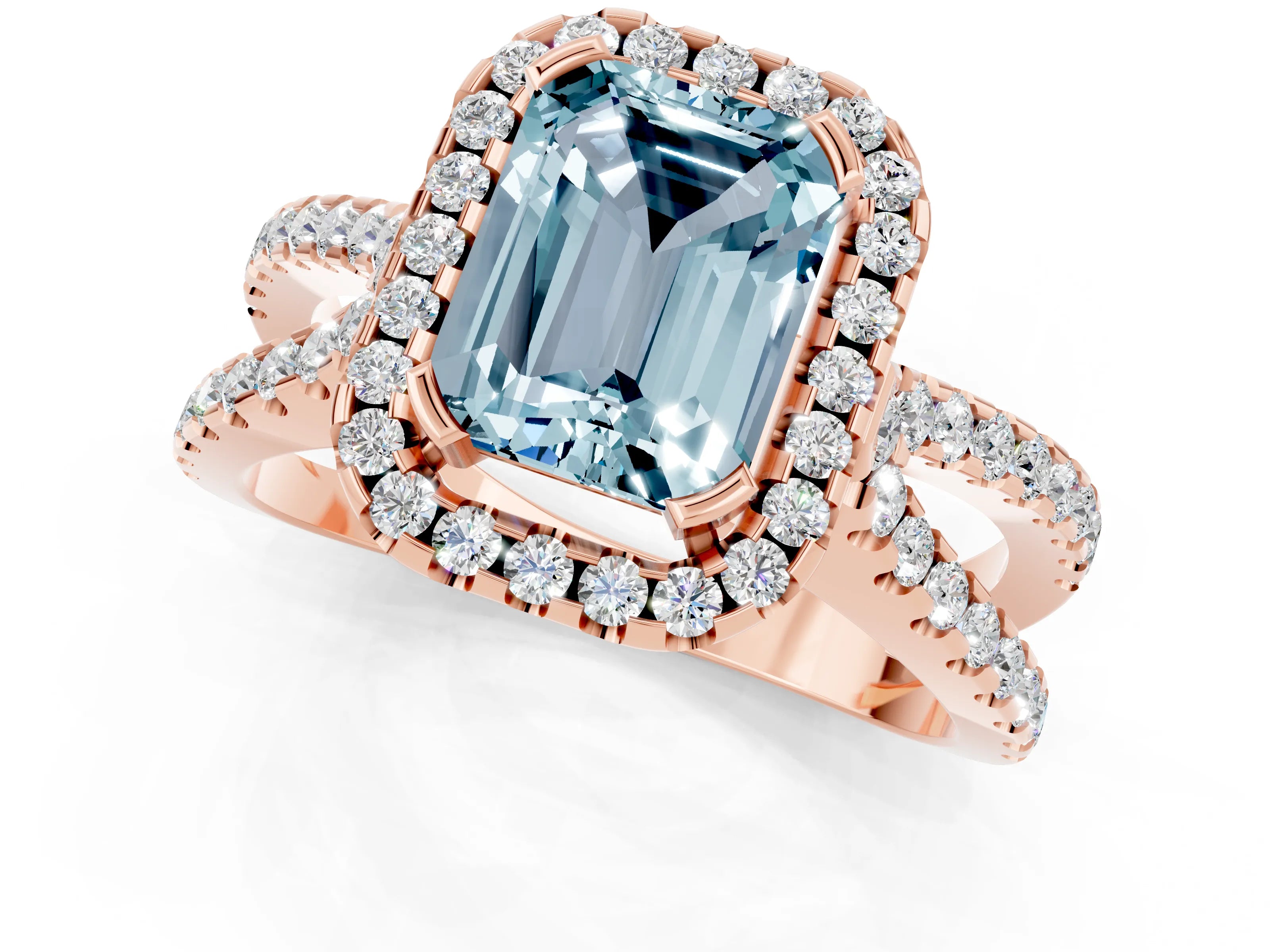 Rose gold Emerald Cut Aquamarine Halo Ring with Split Shank Pavé Band and Prong Setting_1