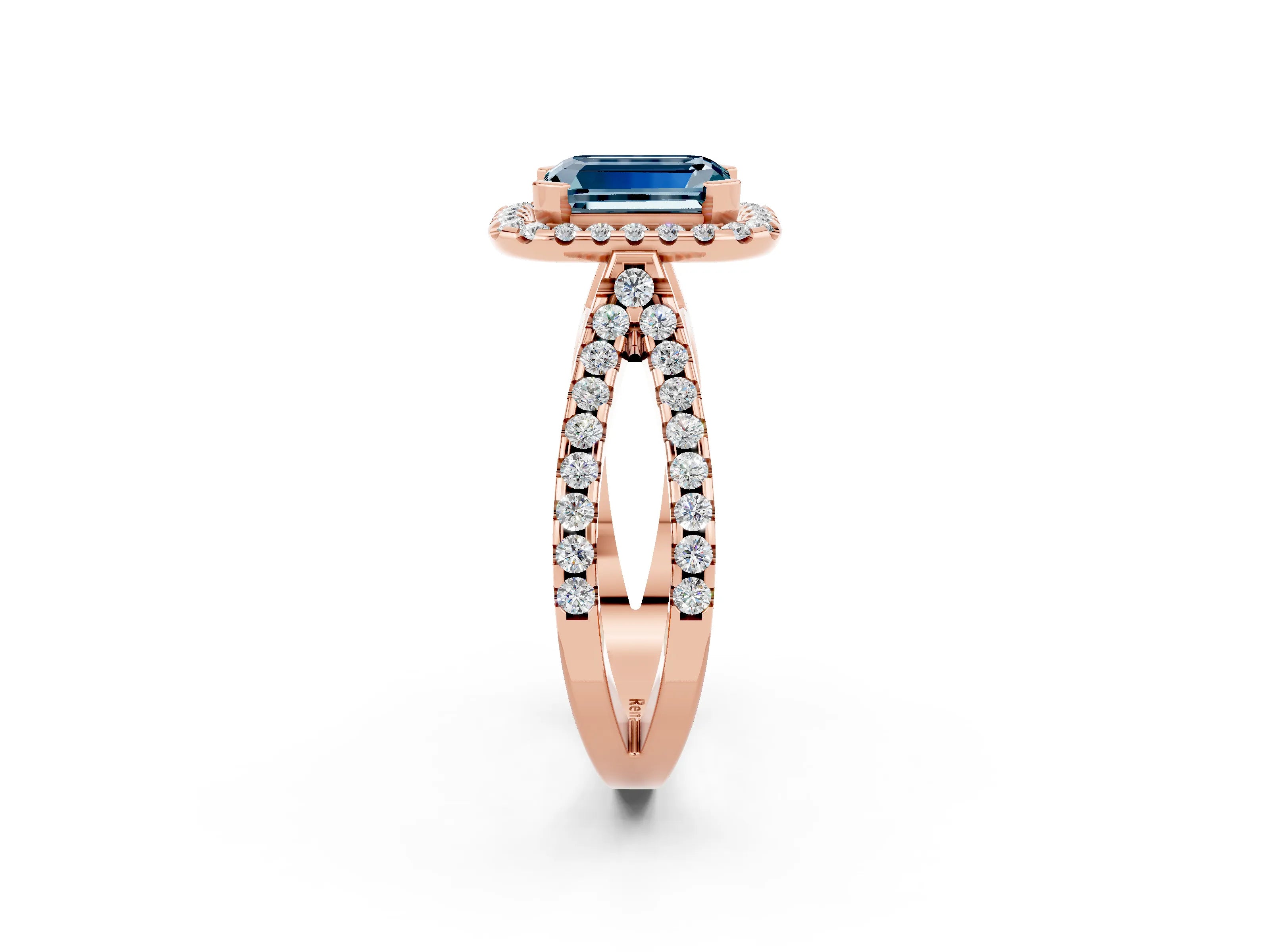Rose gold Emerald Cut Aquamarine Halo Ring with Split Shank Pavé Band and Prong Setting_2