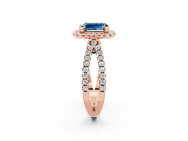 Rose gold Emerald Cut Aquamarine Halo Ring with Split Shank Pavé Band and Prong Setting